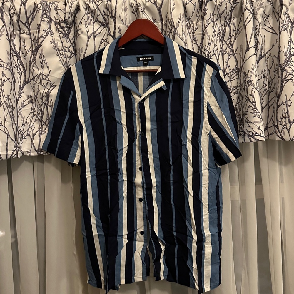 Express Men’s Blue Stripe Camp Collar Shirt